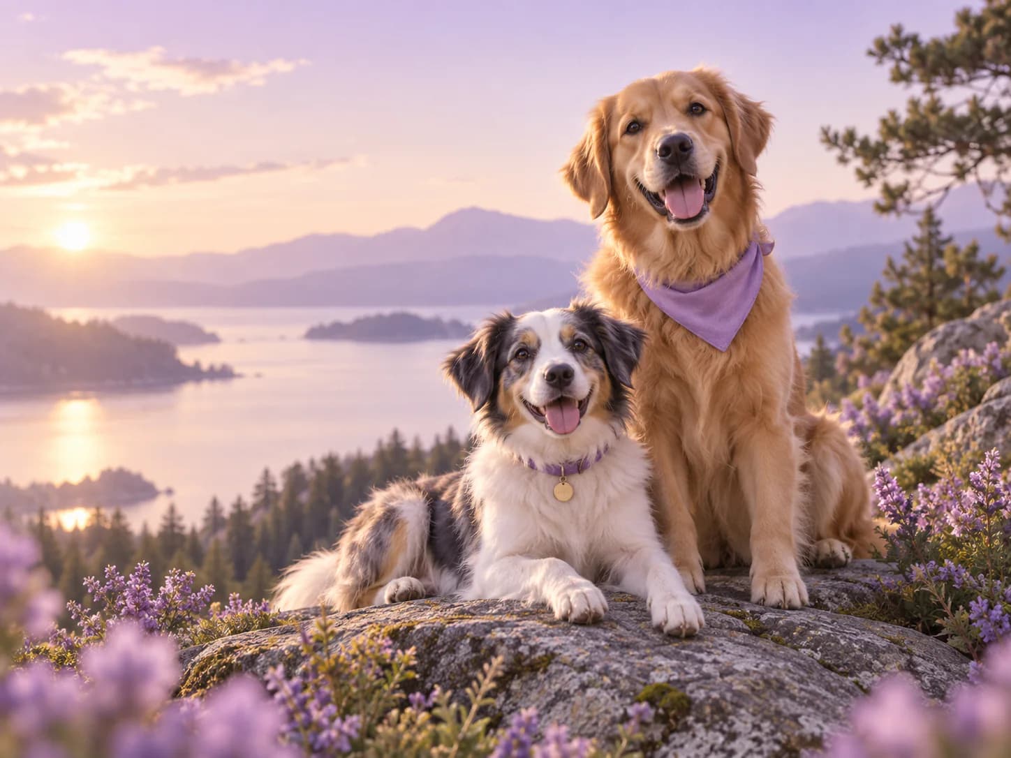 Dos perros descansan en un jardín al atardecer; uno lleva un pañuelo lila de Kinvo.